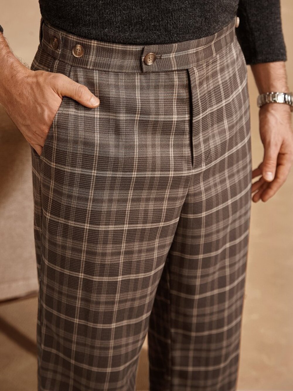 Brown Plaid Regular Fit Men's Natural Mid Waist Zipper Fly Lined Dress Pants